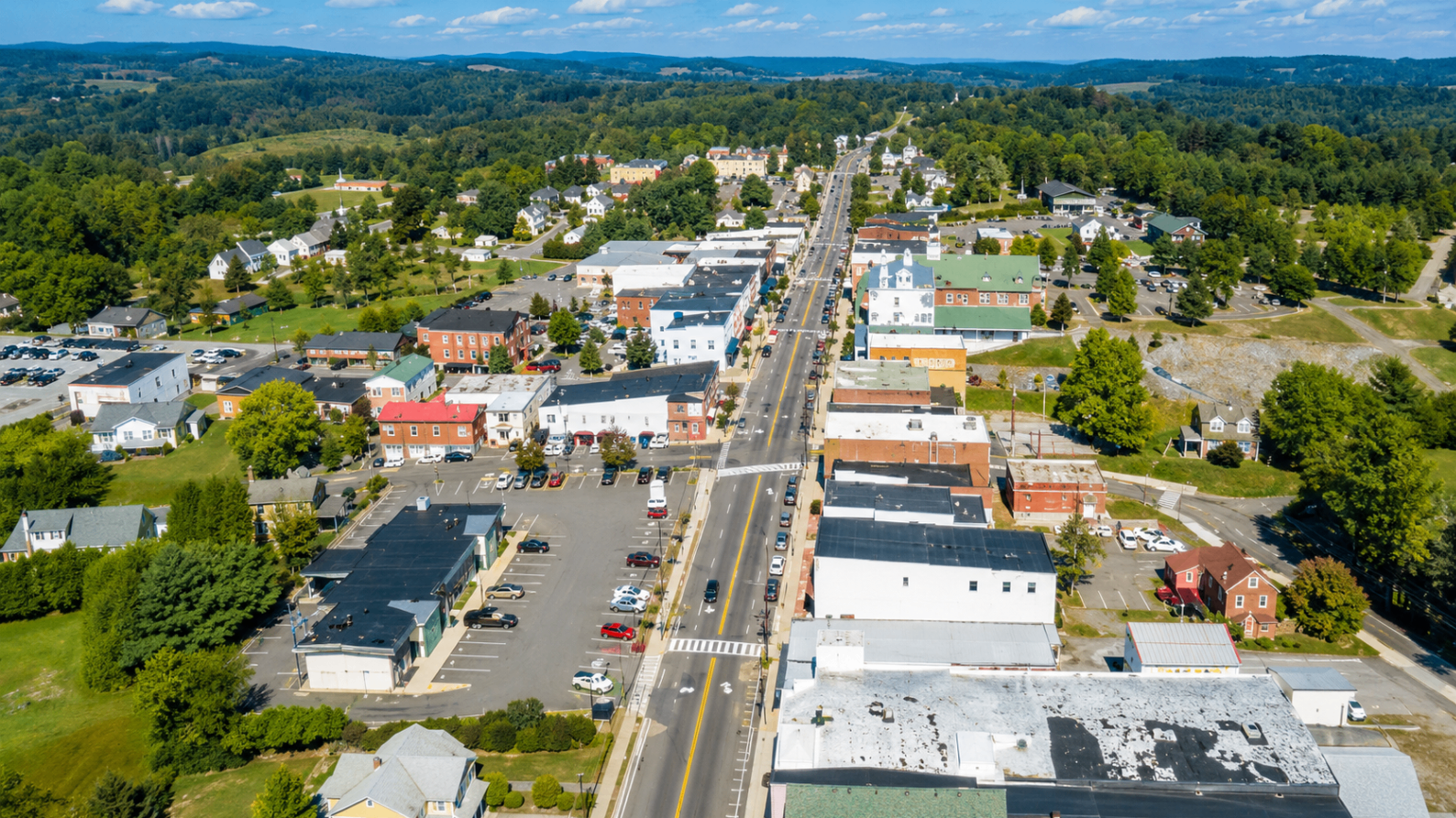 Aerial view of downtown Hillsville and surrounding hills